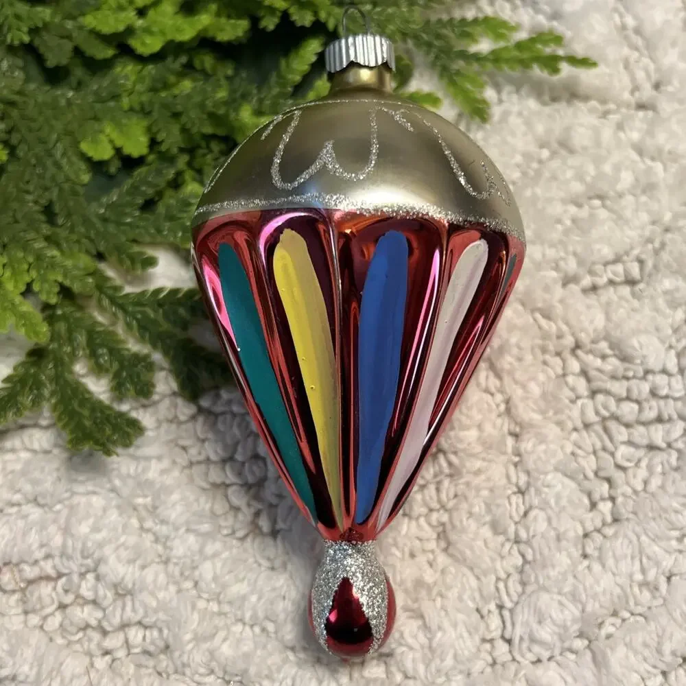 Vintage Blown Glass Glitter Fluted PARACHUTE DROP Christmas Ornament Red Silver